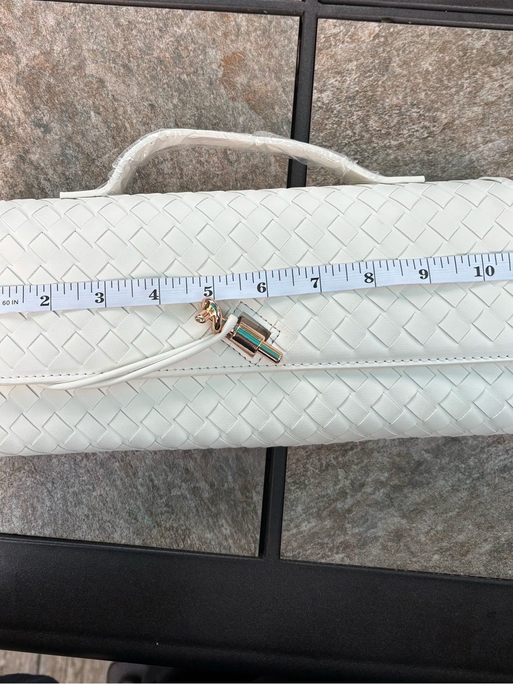 Elegant Woven Leather Top-Handle Clutch Cream - Picture 11 of 11
